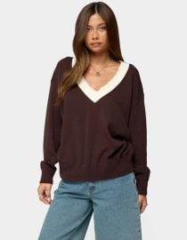 EDIKTED Marie Contrast Lacey V-Neck Sweater - BROWN - XS at Tillys